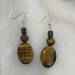 Elegant Brown and Gold Tiger Stone Dangle Earrings